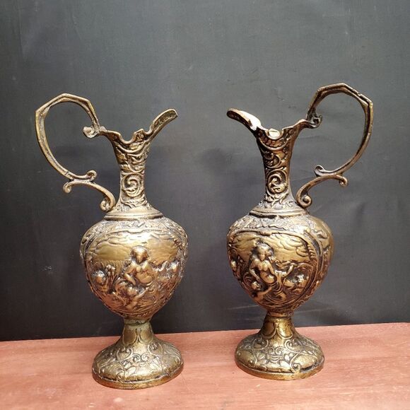 Antique Ornate Victorian Brass Cherub Ewer Pitcher Pair - Picture 2 of 11